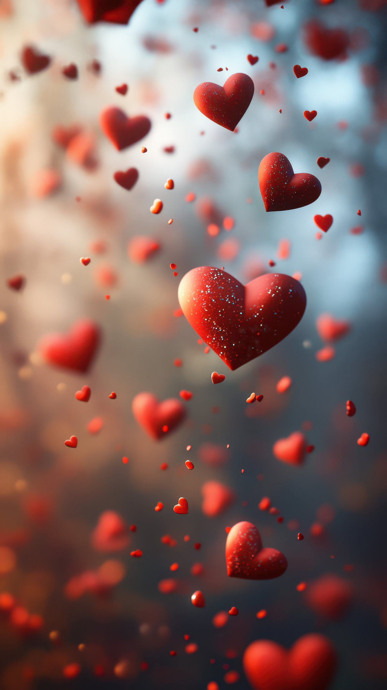Floating red hearts create a romantic atmosphere in a dreamy background filled with soft colors